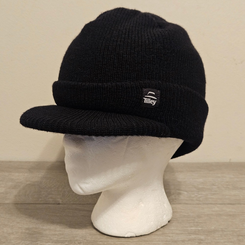 Tilley Merino Wool Visor Beanie Hat Mens Black Knit Brim Winter Cap Made Canada